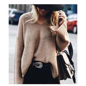 Rebecca Minkoff Sweater Womens Large Tan Remi Oversized V-neck Pullover
